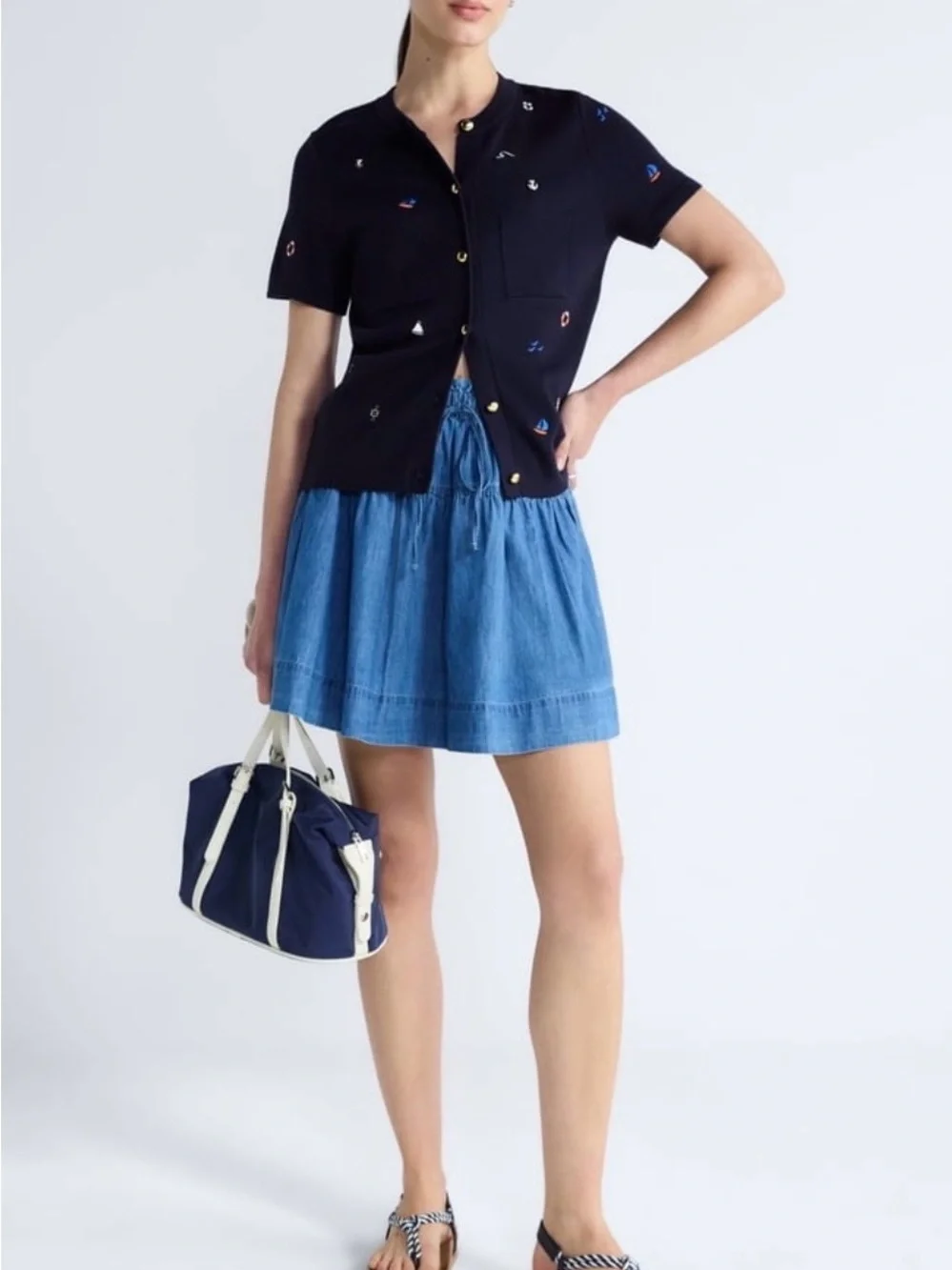 NWT Free Assembly Small Navy Nautical Embroidered Short Sleeve Cardigan Sweater